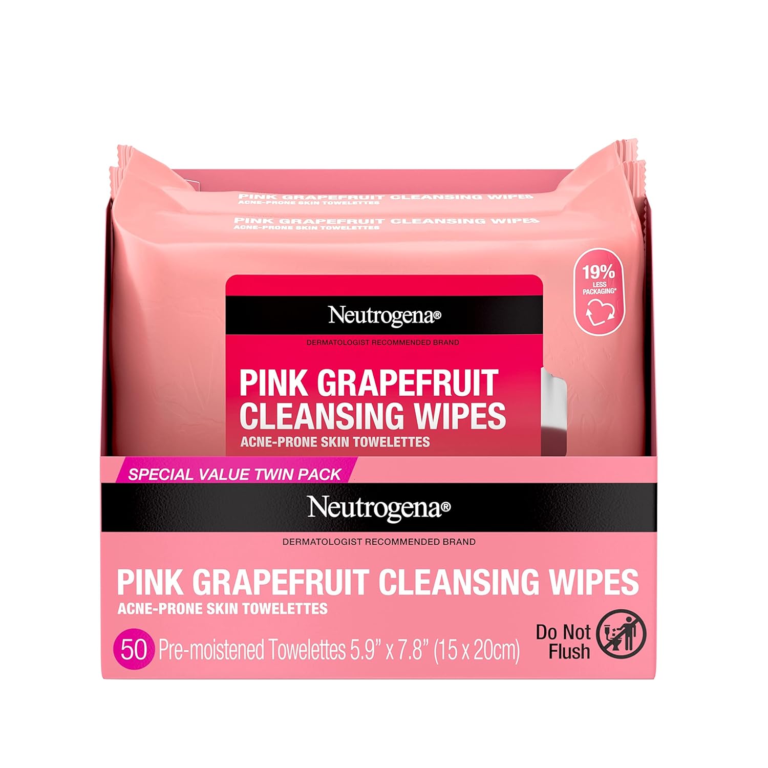 Neutrogena Oil Free Facial Cleansing Makeup Wipes with Pink Grapefruit, Disposable Acne Face Towelettes to Remove Dirt, Oil, and Makeup for Acne Prone Skin