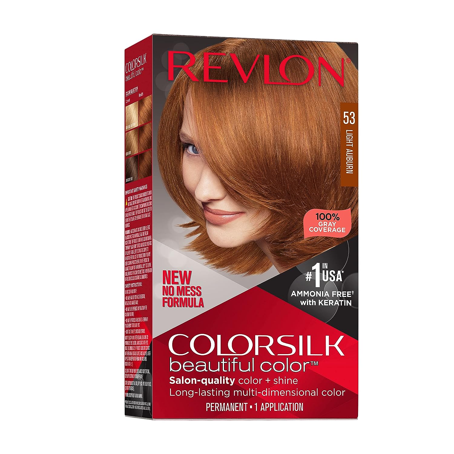 Revlon Colorsilk Beautiful Color Permanent Hair Color, Long-Lasting High-Definition Color, Shine & Silky Softness with 100% Gray Coverage, Ammonia Free, 053 Light Auburn, 1 Pack