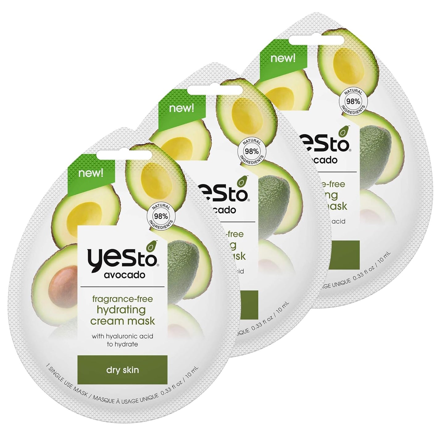 Yes To Avocado Fragrance-Free Hydrating Cream Mask - Vegan & Cruelty Free, 3-Pack